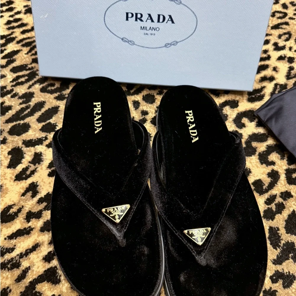 New Prada Black Velvet thong flip-flops Size 40.5 (US 10.5) - Picture 4 of 14